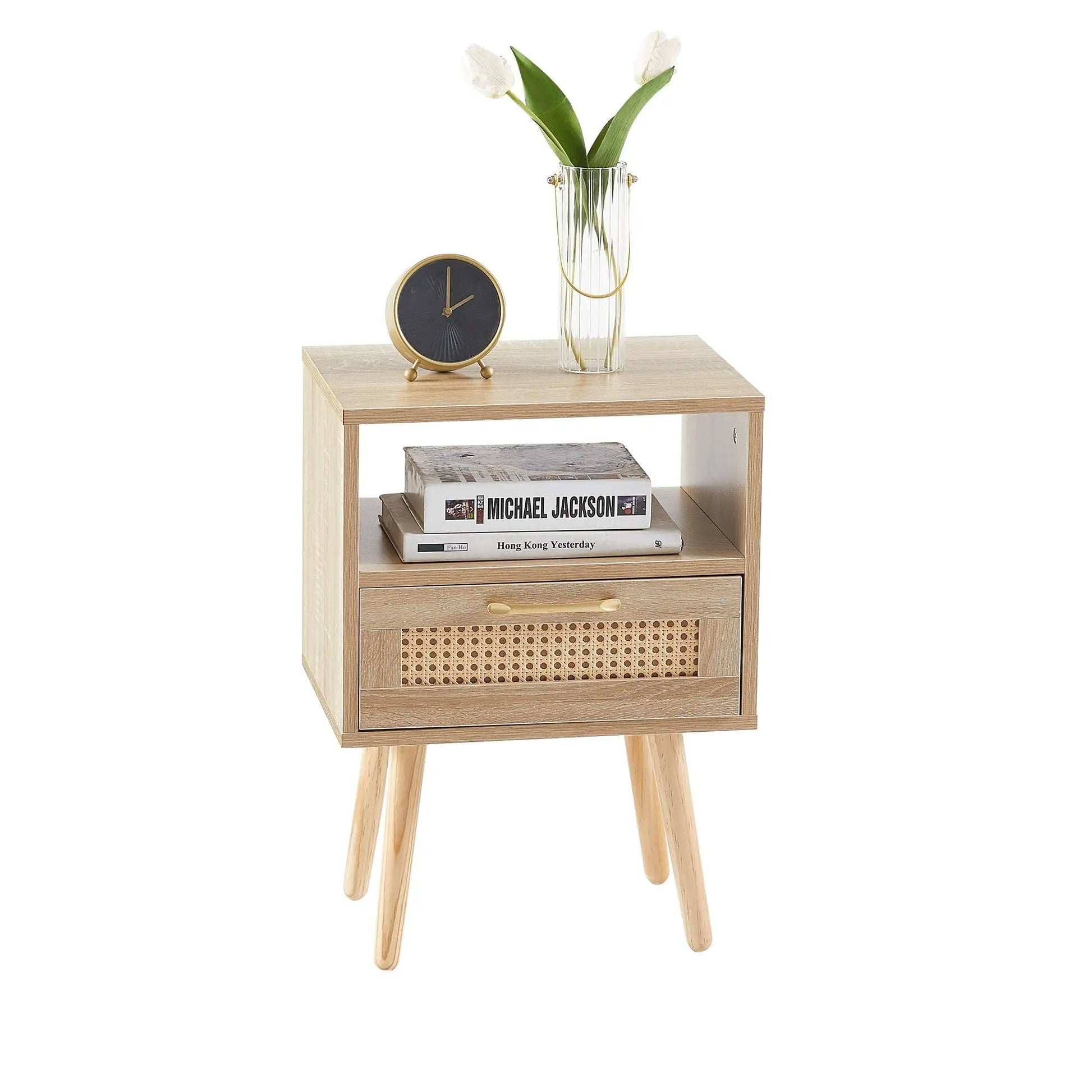 Rattan end table with drawer and solid wood legs, vase and clock on Tampa Home & Garden Store