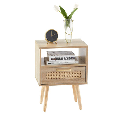 Rattan end table with drawer and solid wood legs, vase and clock on Tampa Home & Garden Store