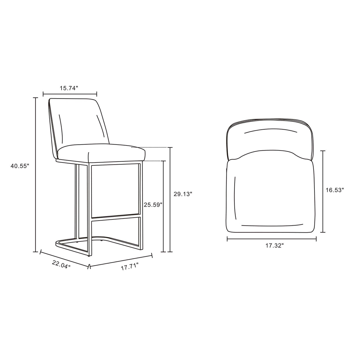Serena Barstool by HouseOfZazla, bar-height stool with back and cushioned seat, dimensions drawing on Tampa Home & Garden Store