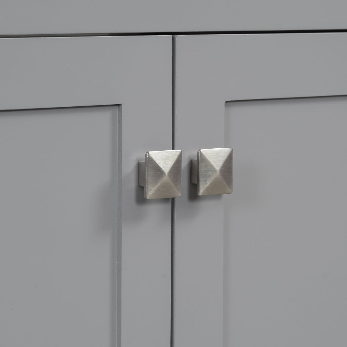Modern bathroom vanity cabinet doors in gray with brushed nickel square handles on Tampa Home & Garden Store