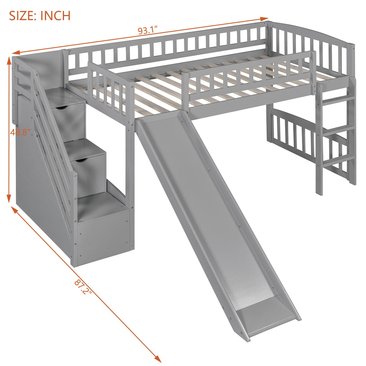 HouseOfZazla loft stairway bed with 2 drawers, convertible ladder and slide in gray on Tampa Home & Garden Store