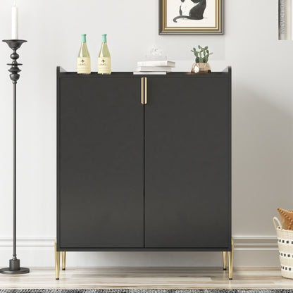 Wine bar cabinet black with gold legs by HouseOfZazla; top features two wine bottles and decor on Tampa Home & Garden Store