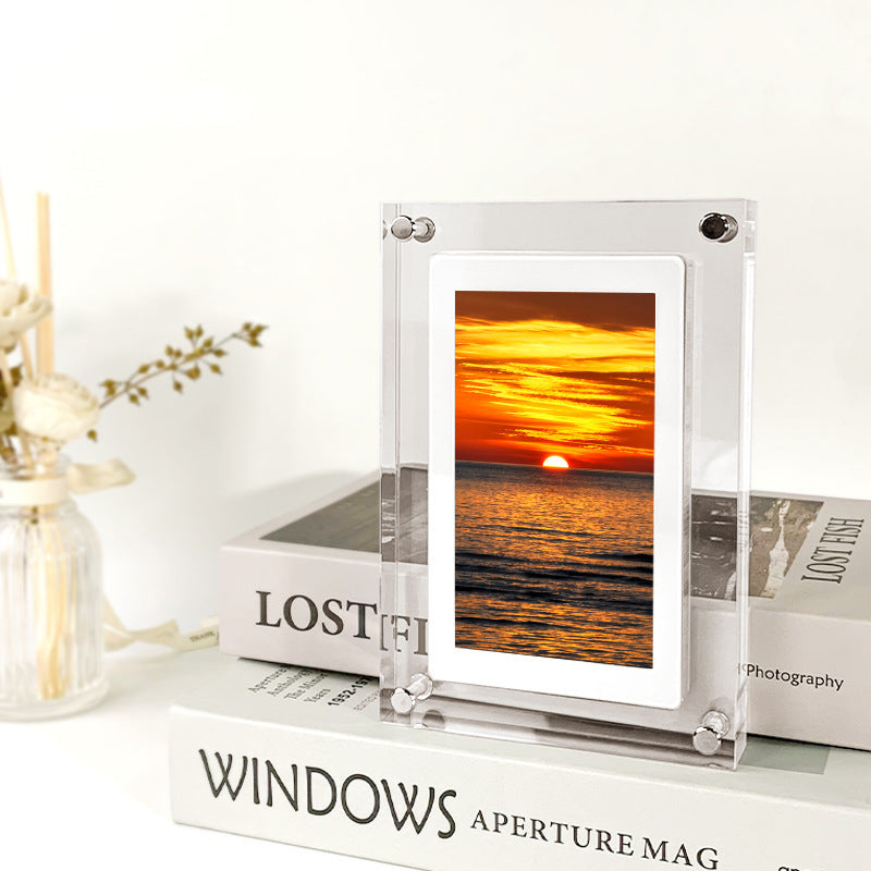 Digital picture frame in clear acrylic, vertical display showing sunset photo, 1GB storage on Tampa Home & Garden Store