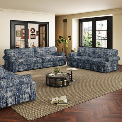 Comfortable Cloud Sofa with Rolled Arms and Skirt in blue damask fabric; 3 stationary sofas on Tampa Home & Garden Store