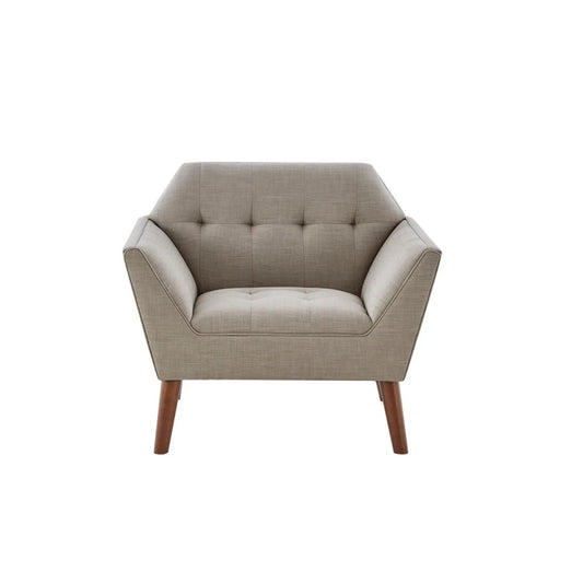 Modern lounge chair with button tufting in beige linen, wooden legs, Unique Piece Furniture on Tampa Home & Garden Store