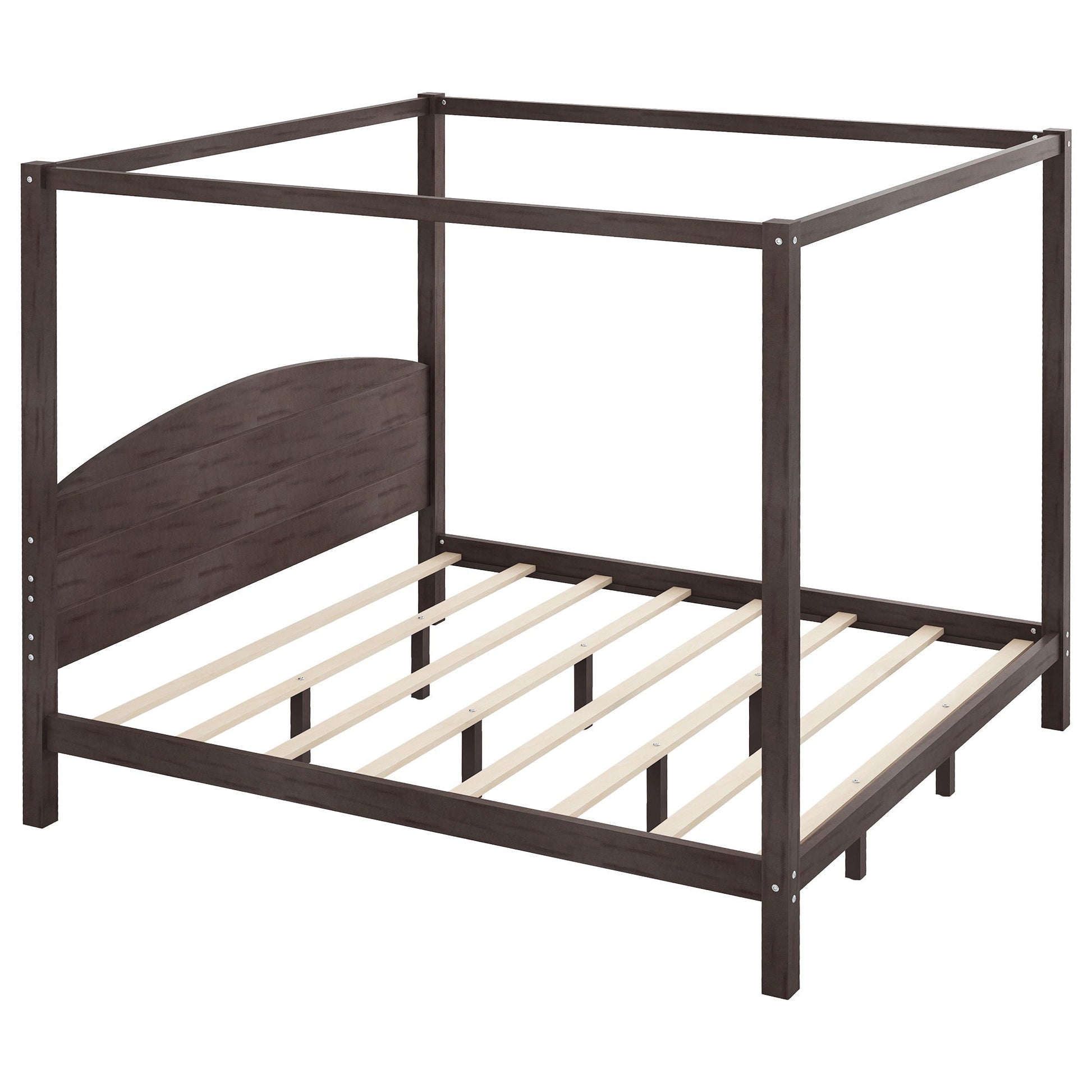 Canopy bed frame HouseOfZazla with dark brown finish and light wood slats platform bed on Tampa Home & Garden Store