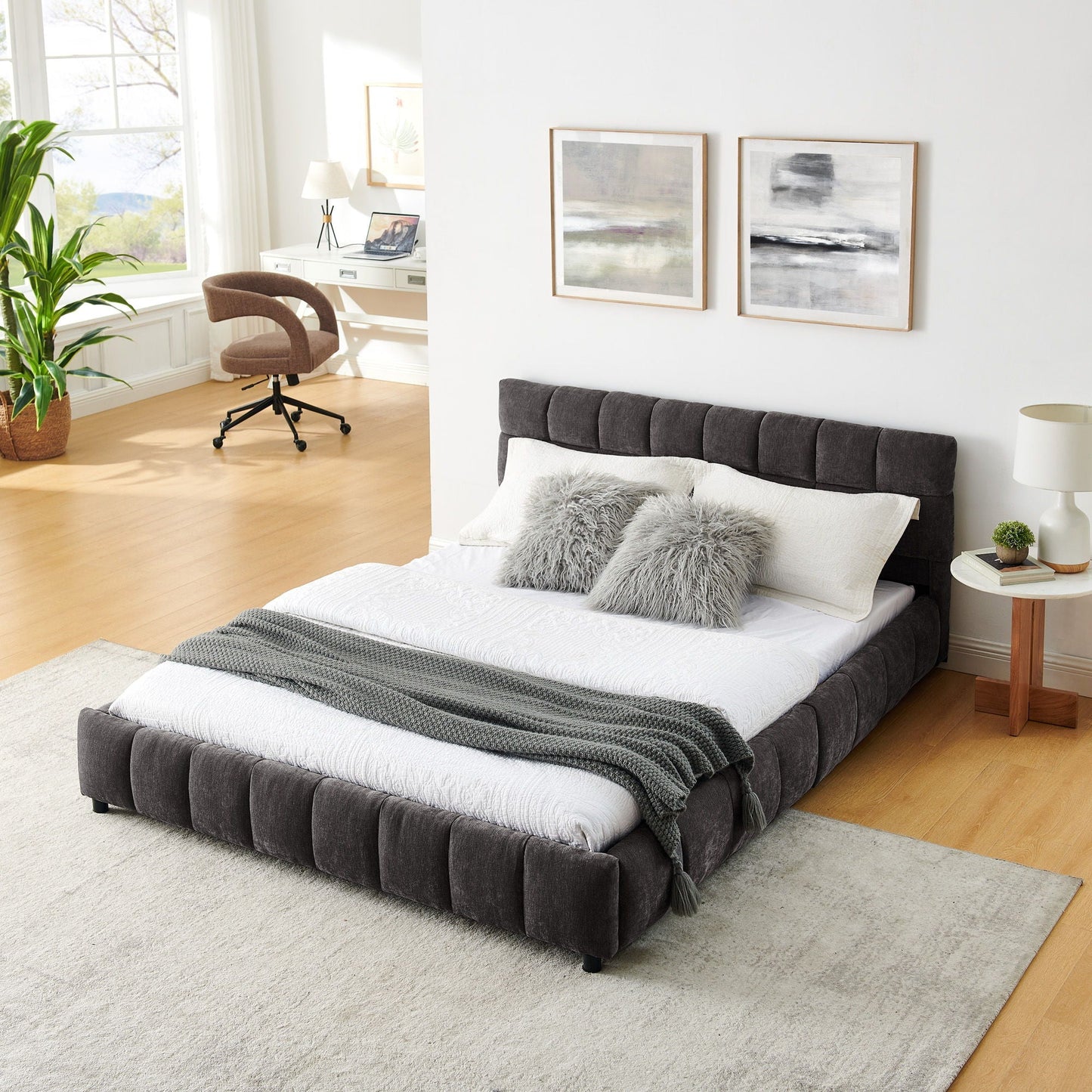 Modern Platform Bed and Thick Fabric Headboard