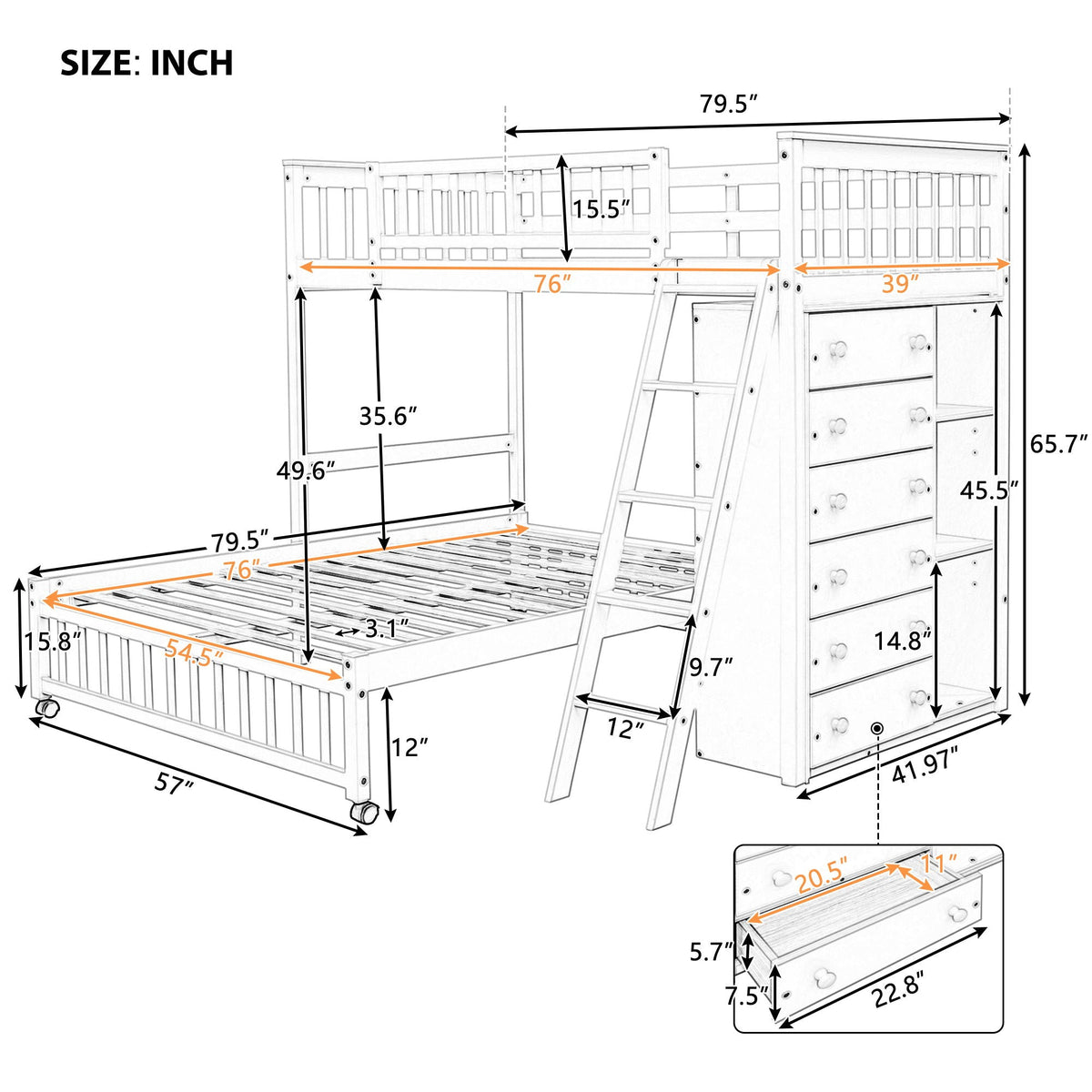 Bunk Bed With Six Drawers And Flexible Shelves