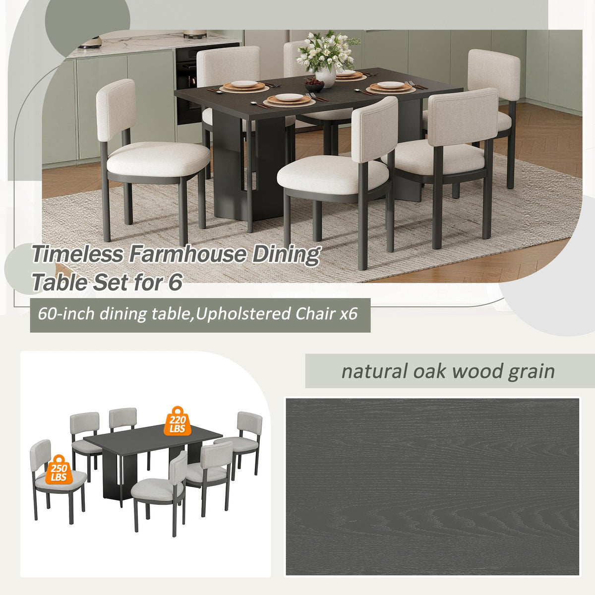 Dining Table Set with Six Upholstered Chairs, dark table, beige seats HouseOfZazla on Tampa Home & Garden Store
