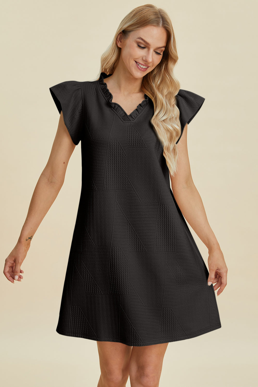 Double Take Full Size Ruffled V-Neck Cap Sleeve Dress in black textured fabric knee-length on Tampa Home & Garden Store