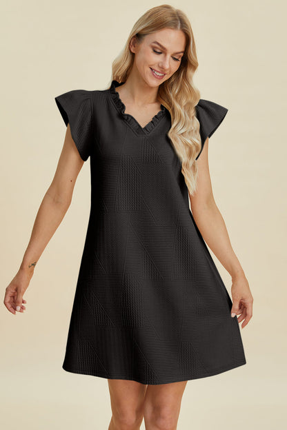 Double Take Full Size Ruffled V-Neck Cap Sleeve Dress in black textured fabric knee-length on Tampa Home & Garden Store