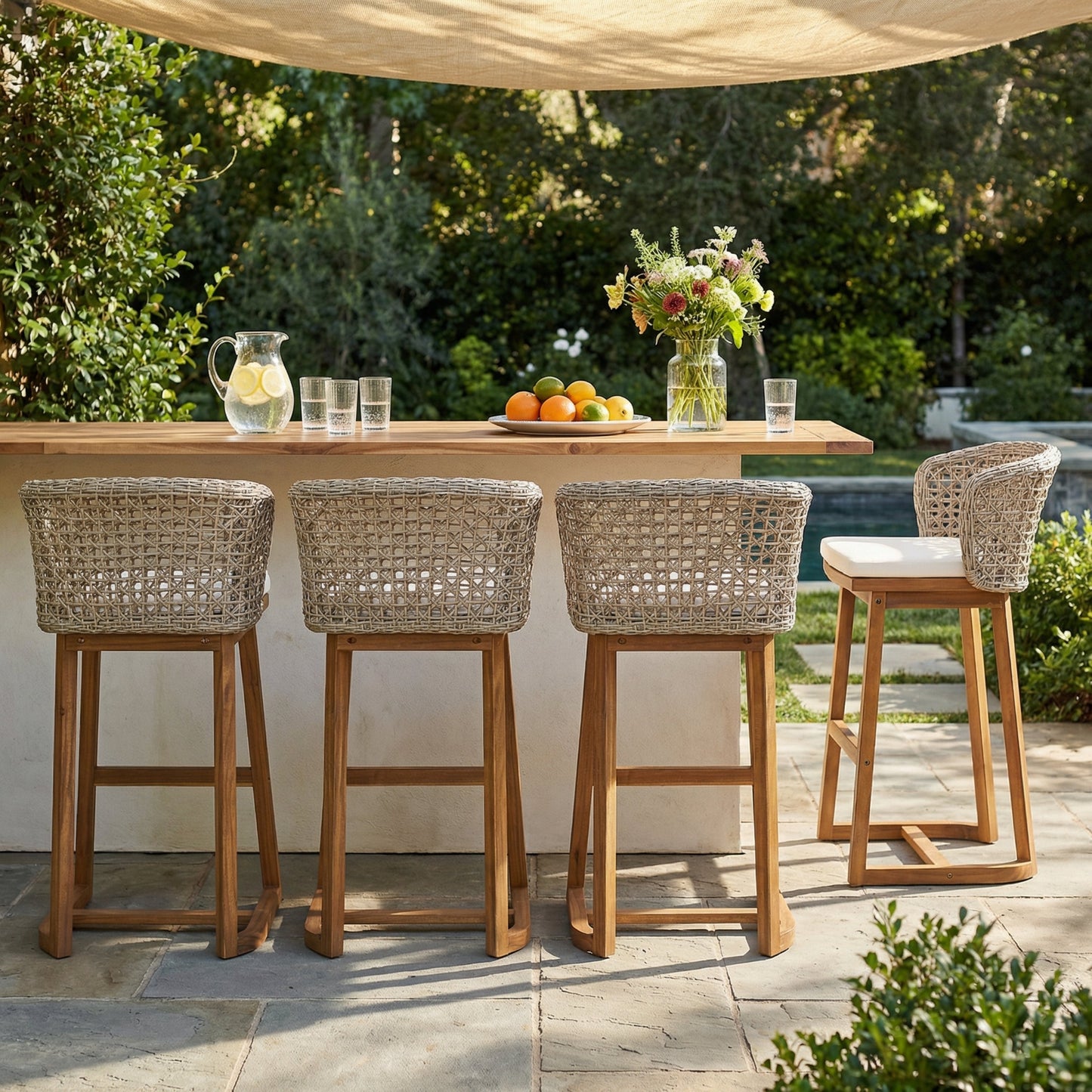 Outdoor acacia wood bar stools with woven seats and cushions 4pc set on Tampa Home & Garden Store