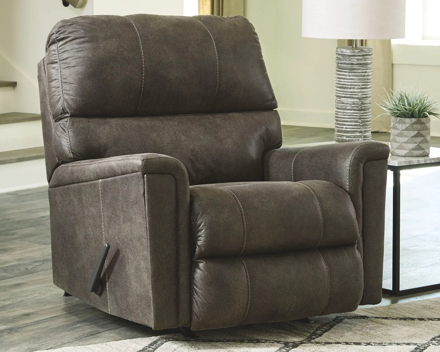 Navi Rocker Recliner in dark brown leather with white contrast stitching by Unique Piece Furniture on Tampa Home & Garden Store