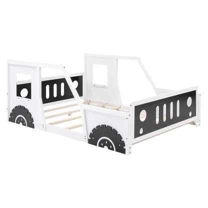 Classic car shaped platform bed in white with black panels and wheel accents, wooden slat base on Tampa Home & Garden Store