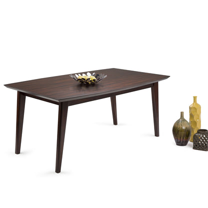 Elegant rubberwood rectangular dining table in dark finish with a petal bowl centerpiece on Tampa Home & Garden Store