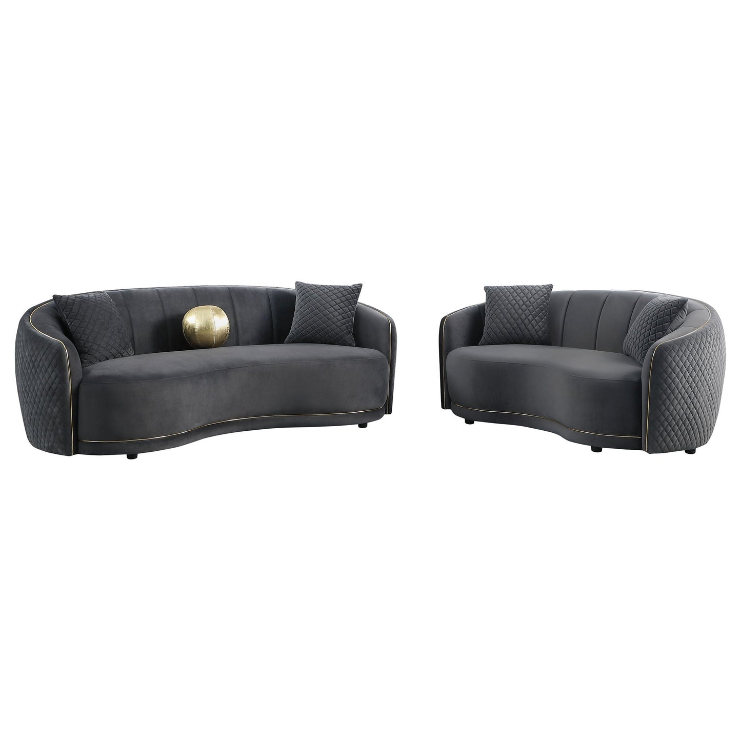 Luxe Curved Sofa by HouseOfZazla in dark gray with diamond quilting and gold trim, 2-piece on Tampa Home & Garden Store