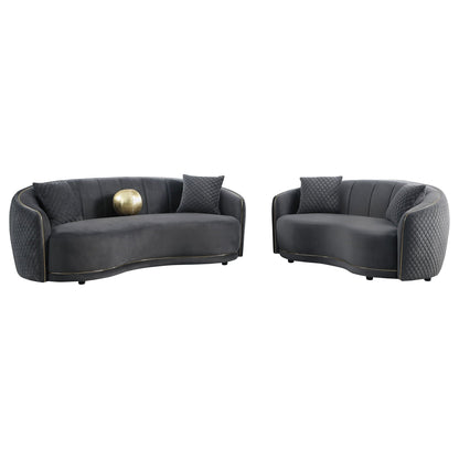 Luxe Curved Sofa by HouseOfZazla in dark gray with diamond quilting and gold trim, 2-piece on Tampa Home & Garden Store