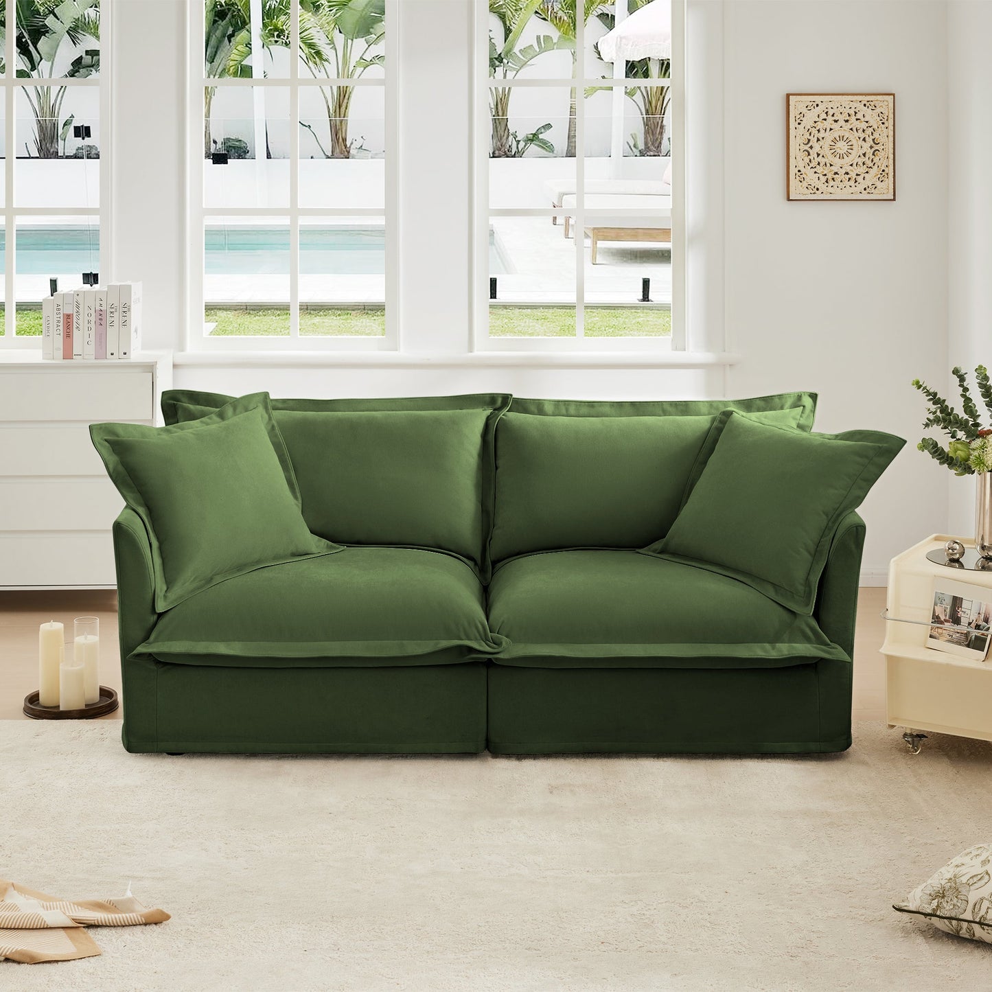 Modern Slipcovered 2-Seat Sofa by HouseOfZazla in green with cushions in a white living room on Tampa Home & Garden Store
