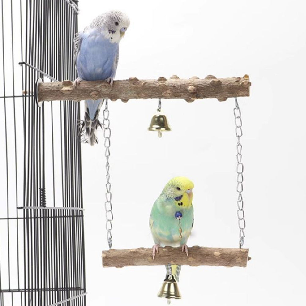 Parrot solid wood stand rod swing grinding claw toy blue and yellow budgies 2 perches bells on Tampa Home & Garden Store