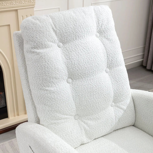 Accent rubber wood rocking chair with footrest draped in white towels in a bathroom setting on Tampa Home & Garden Store