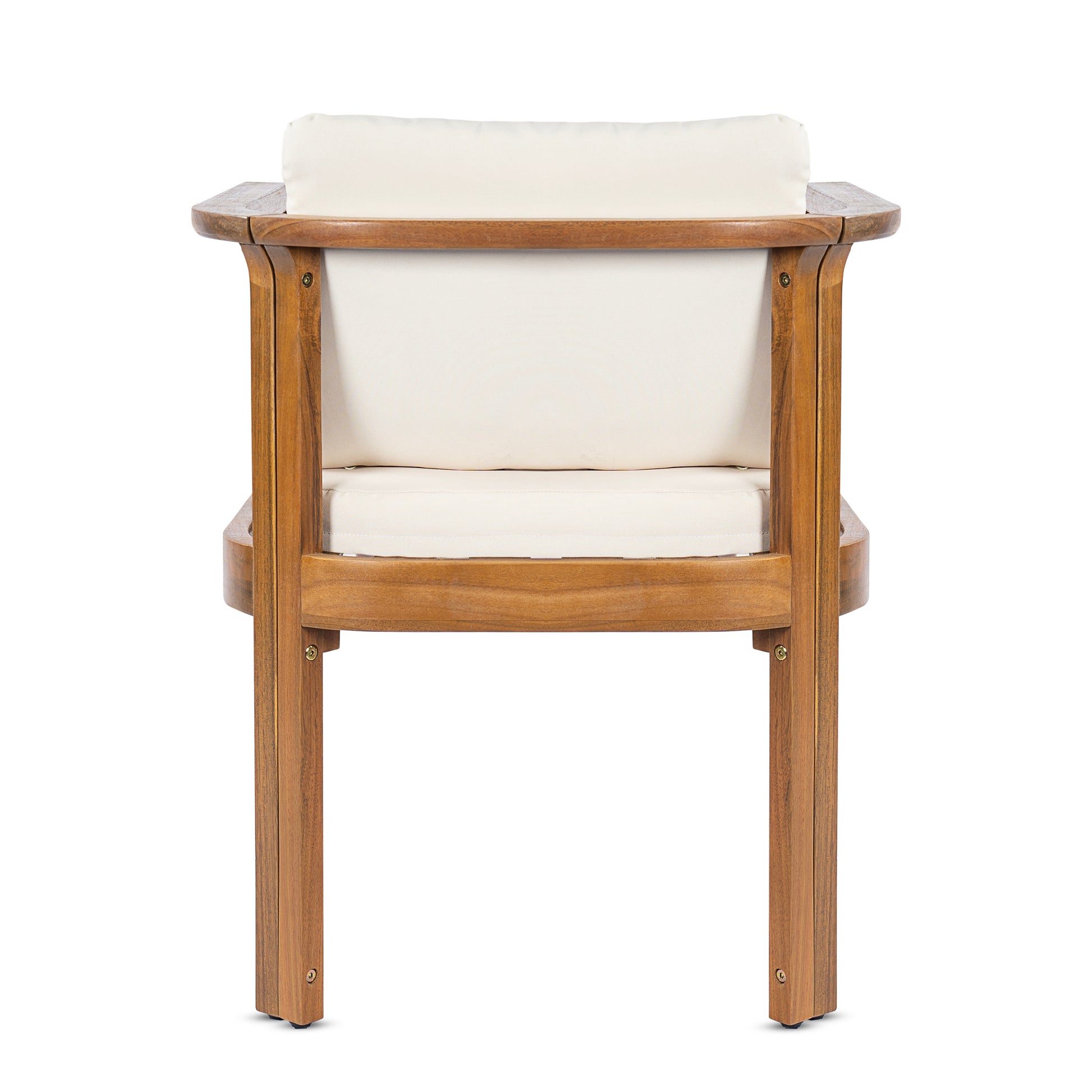 Outdoor dining chair with curved acacia wood arms and cream cushions, HouseOfZazla patio seating on Tampa Home & Garden Store