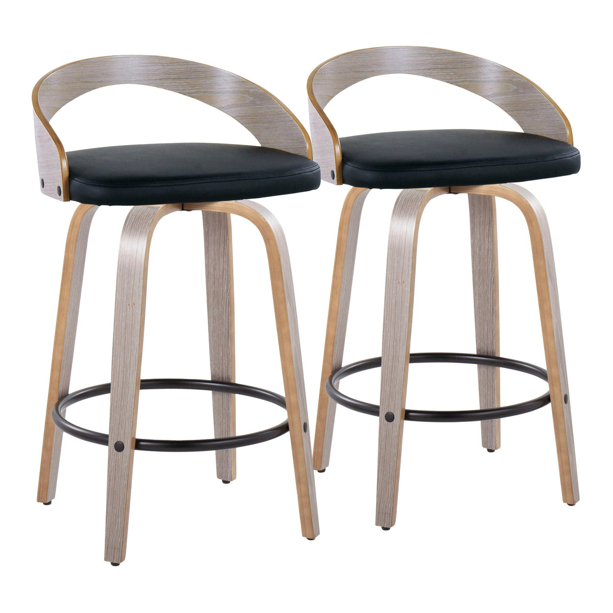 Mid-Century Modern Counter Stools Set of 2 with curved wood frame, swivel, black cushions on Tampa Home & Garden Store