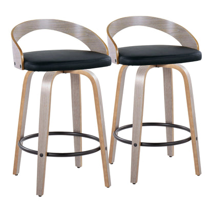 Mid-Century Modern Counter Stools Set of 2 with curved wood frame, swivel, black cushions on Tampa Home & Garden Store