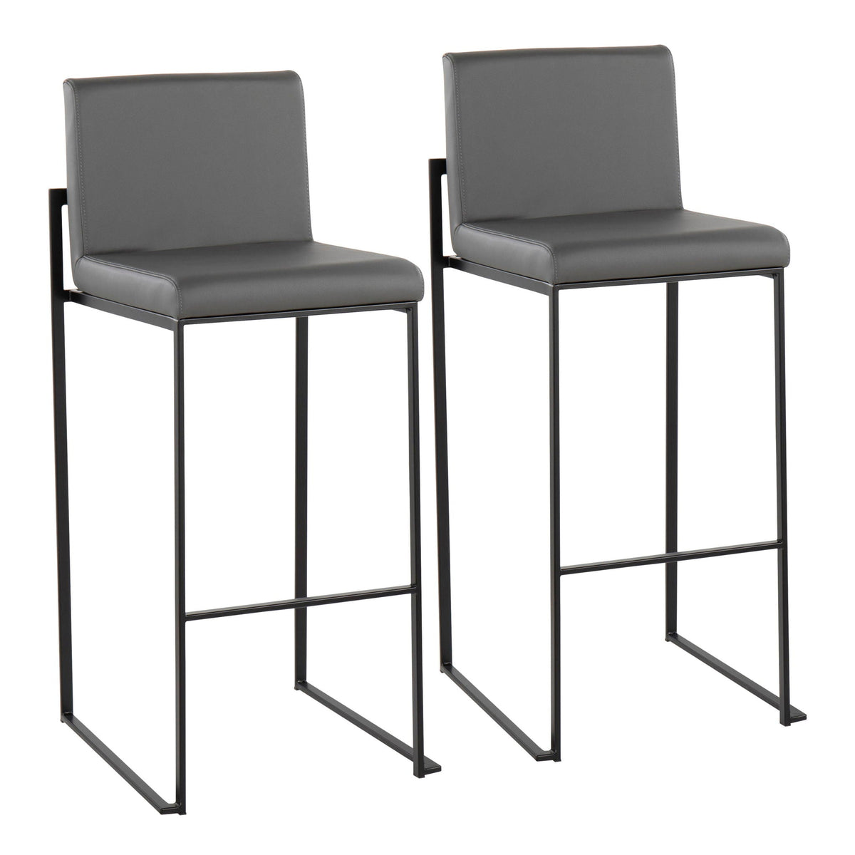 High-back barstool set with gray upholstered seats and backs, black metal frames, 2 stools on Tampa Home & Garden Store