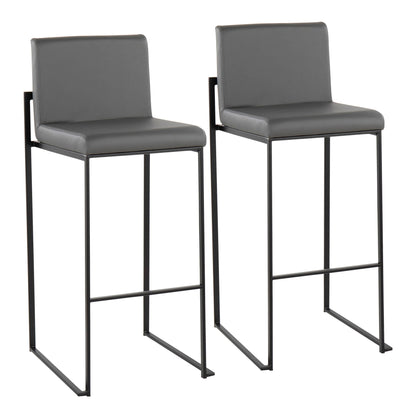 High-back barstool set with gray upholstered seats and backs, black metal frames, 2 stools on Tampa Home & Garden Store