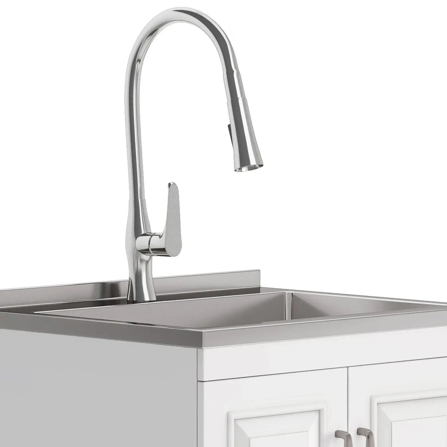 Darwin Deluxe Laundry Cabinet with pull-out faucet and stainless steel sink, chrome gooseneck on Tampa Home & Garden Store