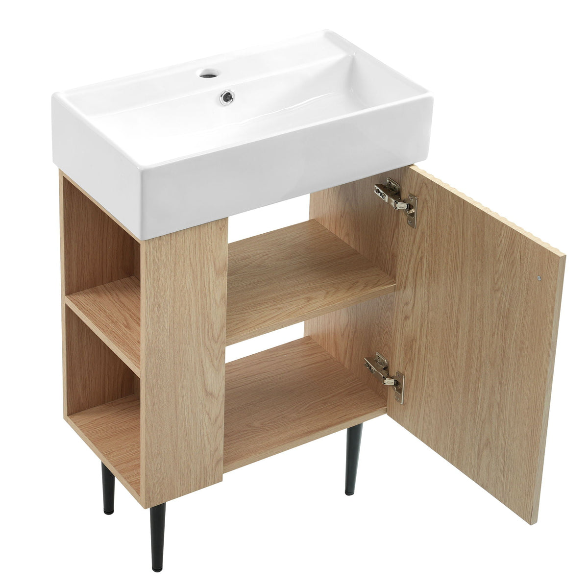 Bathroom vanity with white ceramic sink and side storage on natural wood cabinet with black legs on Tampa Home & Garden Store