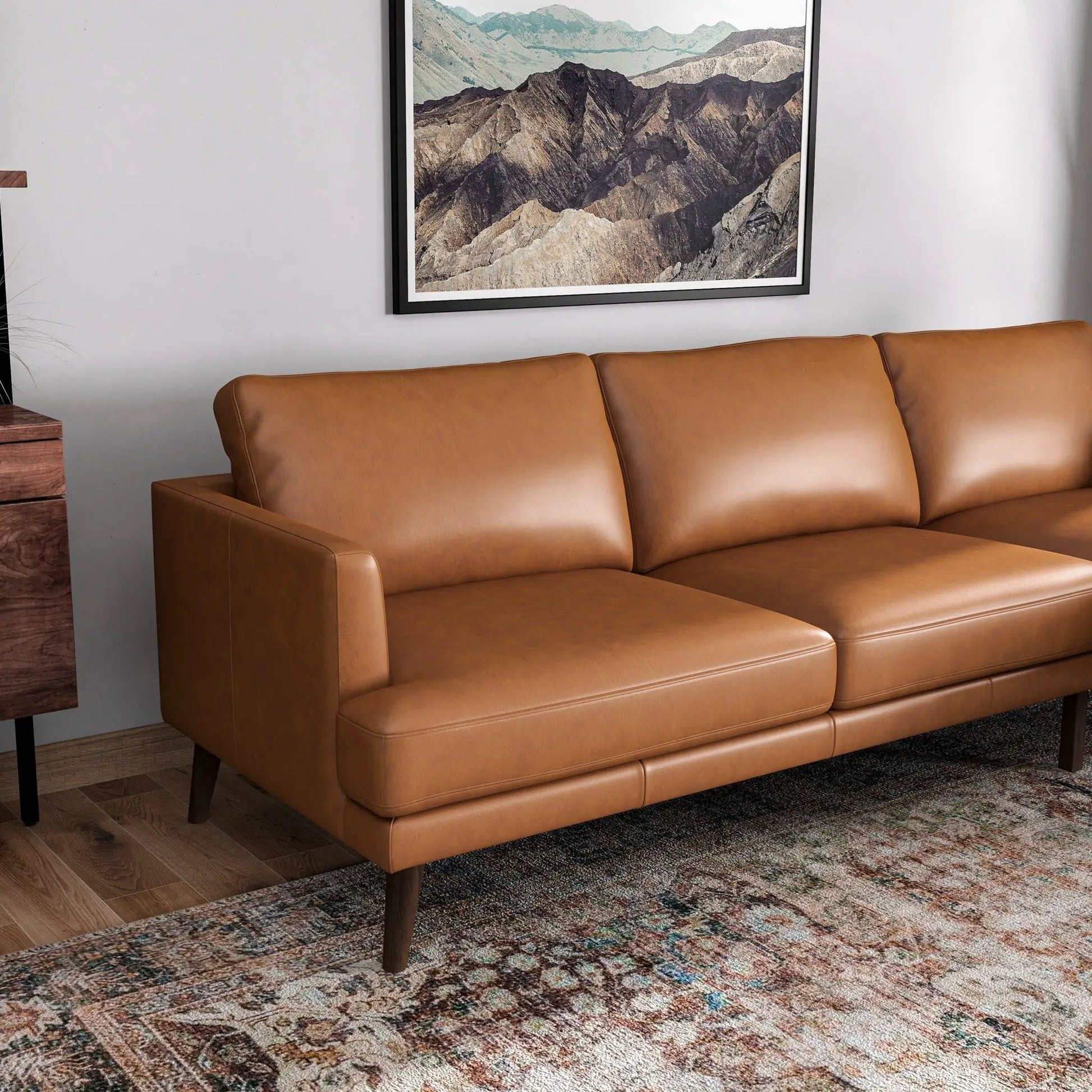 Lore L-Shaped Leather Sectional by Unique Piece Furniture, stationary tan caramel color on Tampa Home & Garden Store