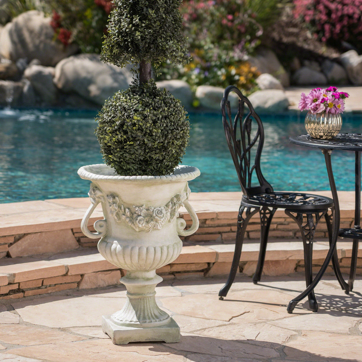 MGO Garden Urn Planter by HouseOfZazla with green boxwood topiary in a stone urn on Tampa Home & Garden Store