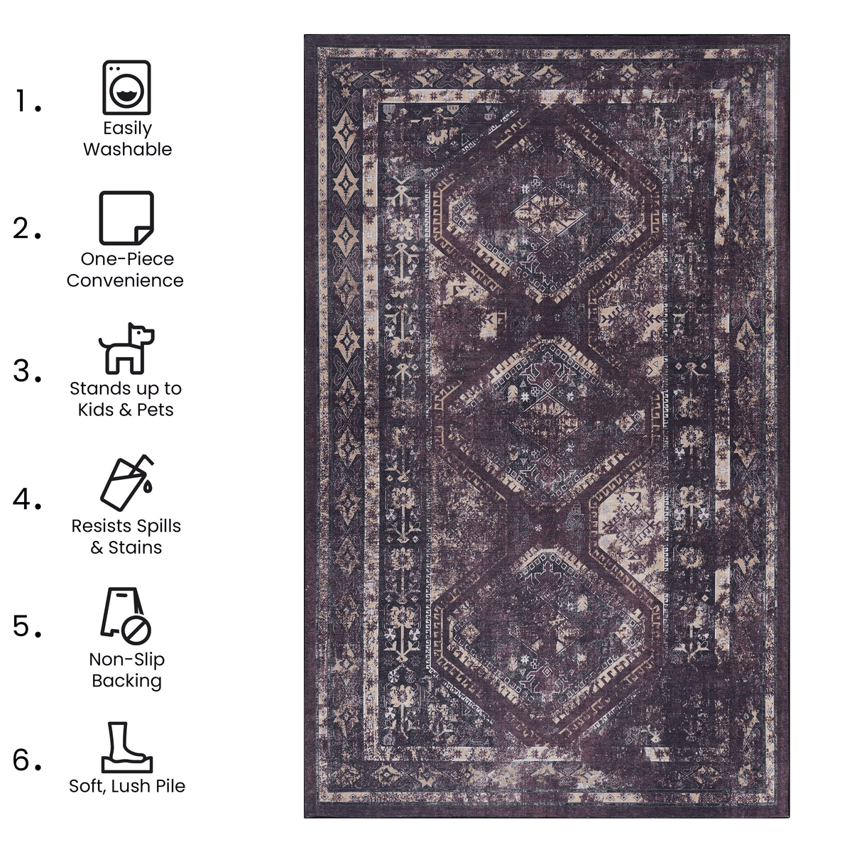 HouseOfZazla Burgundy washable 8x10 area rug non-shedding polyester on Tampa Home & Garden Store