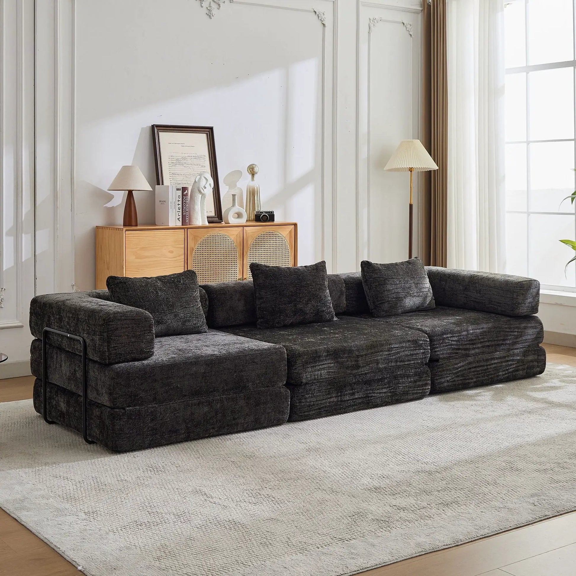 Convertible floor sofa bed boneless modular futon sofa in dark fabric in living room Garden on Tampa Home & Garden Store