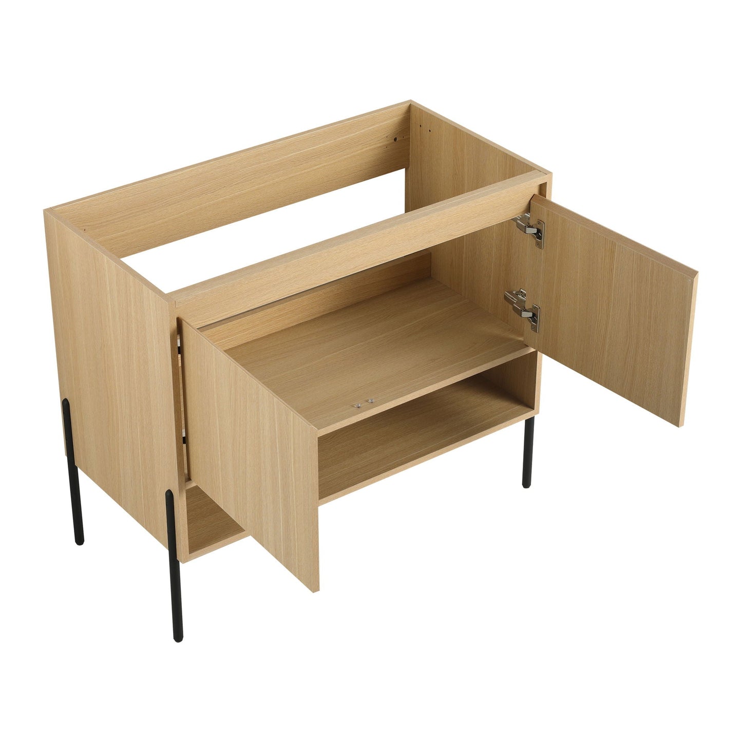Modern oak bathroom vanity cabinet with open frame and storage shelves, black legs on Tampa Home & Garden Store