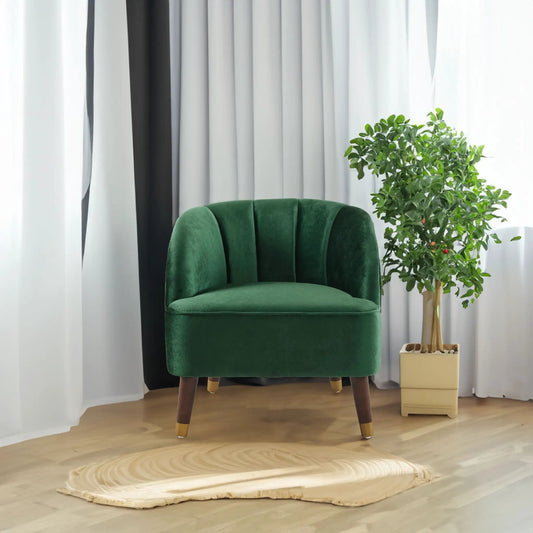 Emerald velvet upholstered barrel chair with wooden legs in a modern setting on Tampa Home & Garden Store