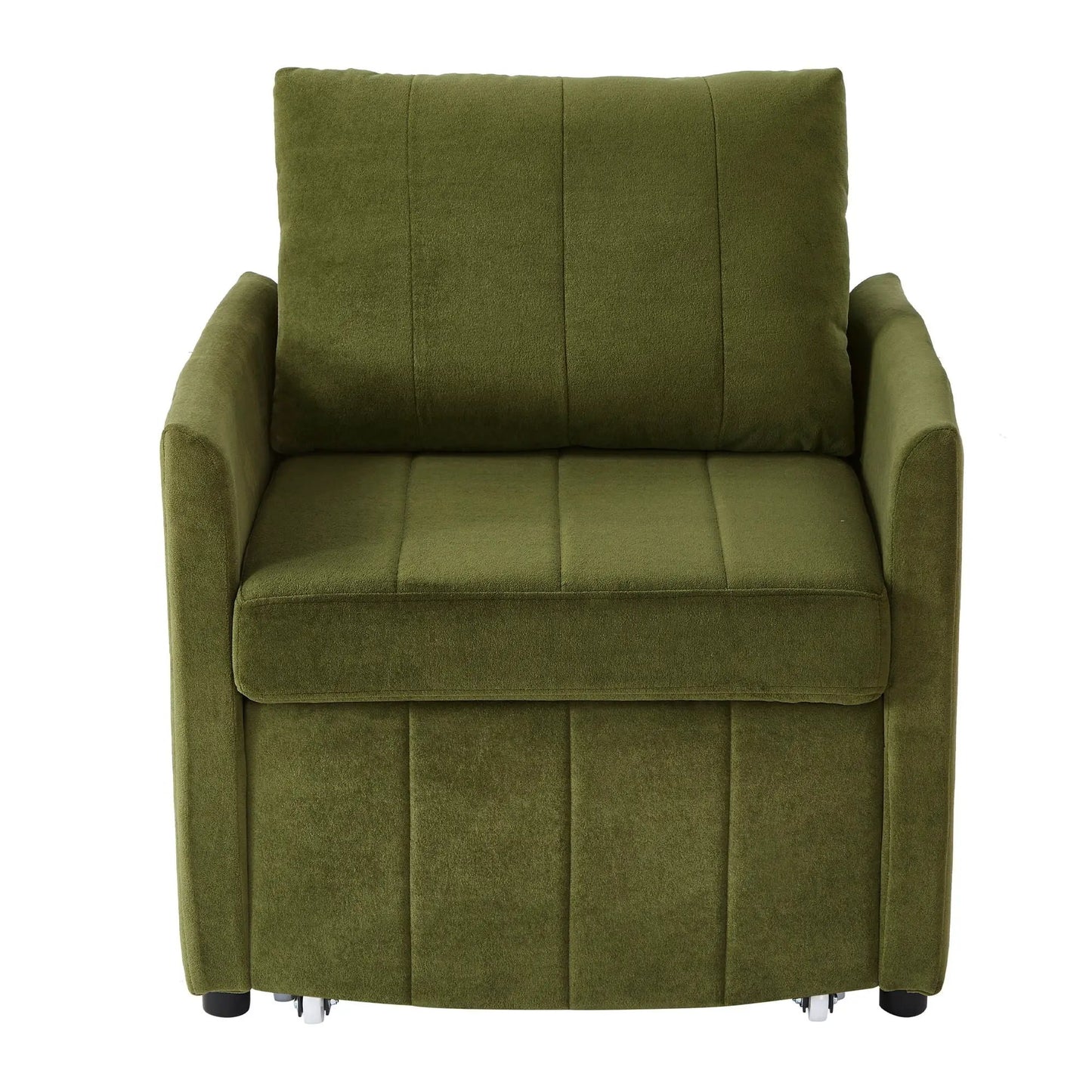 Upholstered green futon chair with cushioned backrest, padded arms, caster feet on Tampa Home & Garden Store