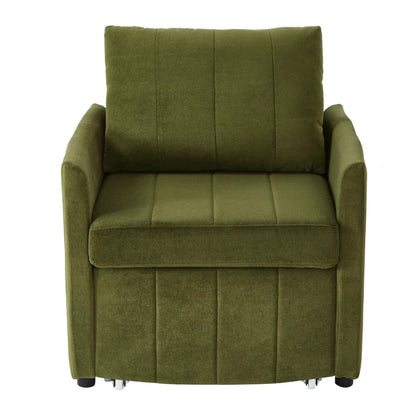Upholstered green futon chair with cushioned backrest, padded arms, caster feet on Tampa Home & Garden Store