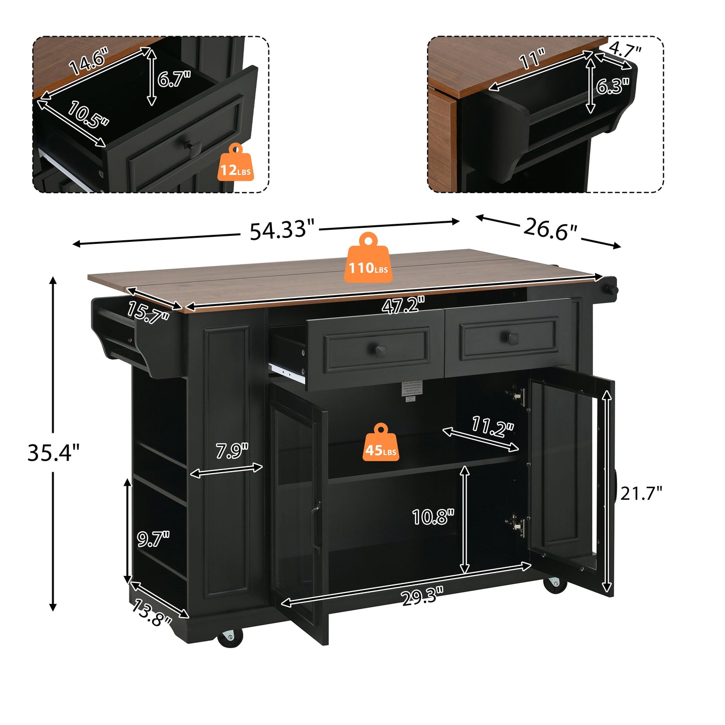 Mobile Kitchen Island with Glass Door and Outlet