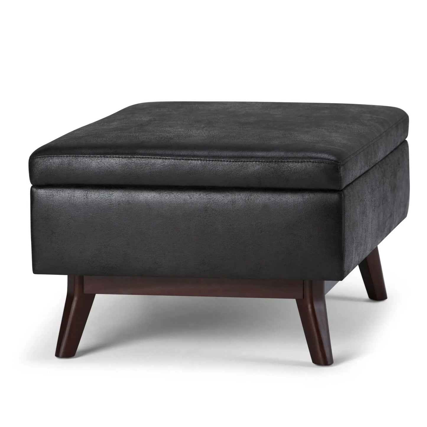 Owen upholstered rectangular storage ottoman in charcoal faux leather with wood legs on Tampa Home & Garden Store