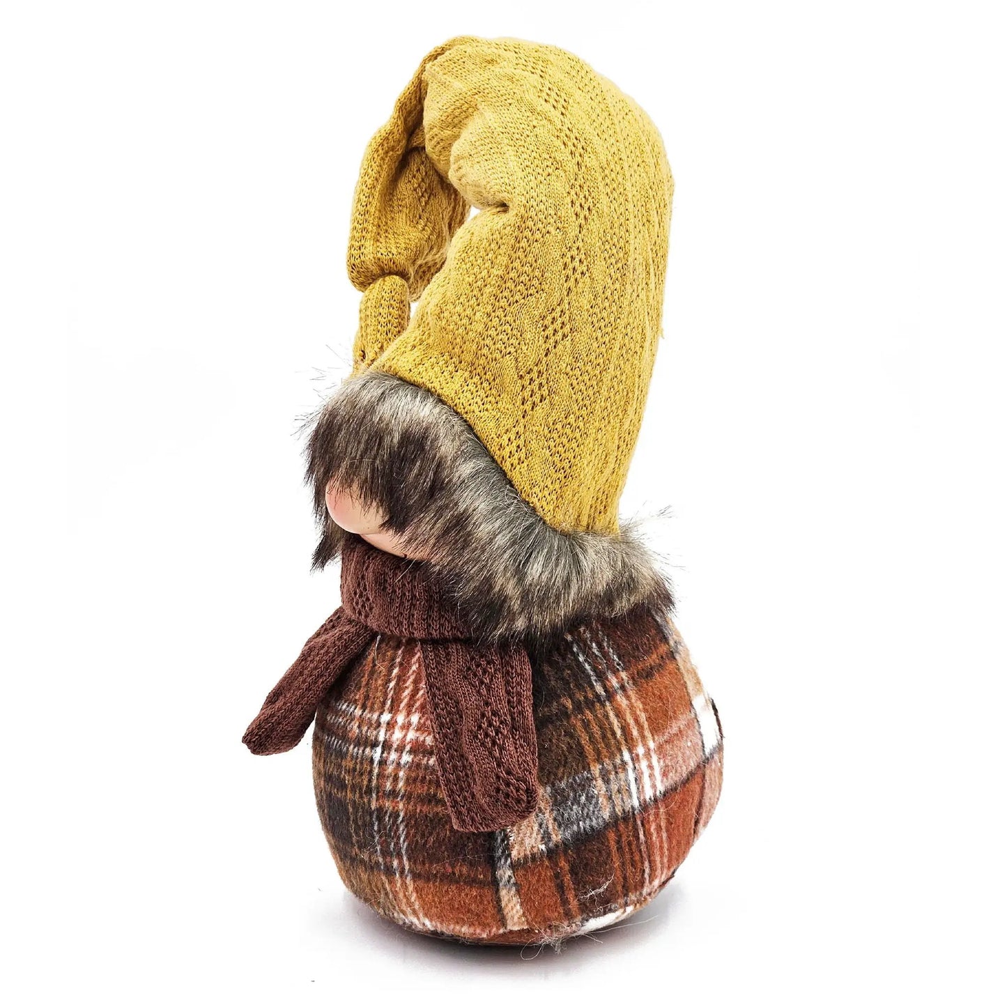Gnome sculpture in yellow knit hat with brown fur-trim scarf, Unique Piece Furniture on Tampa Home & Garden Store