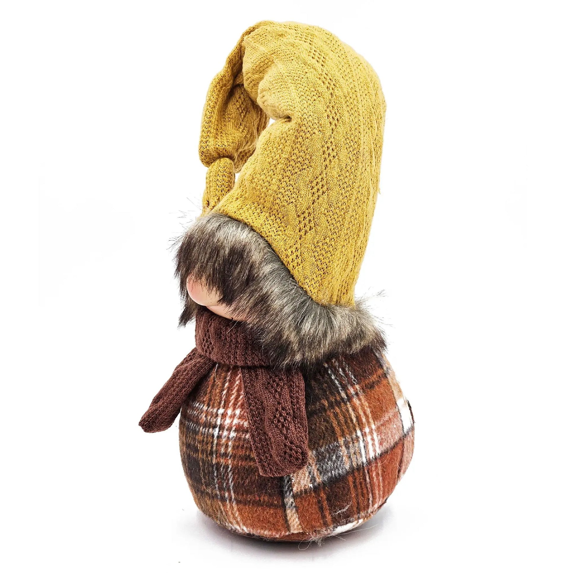 Gnome sculpture in yellow knit hat with brown fur-trim scarf, Unique Piece Furniture on Tampa Home & Garden Store