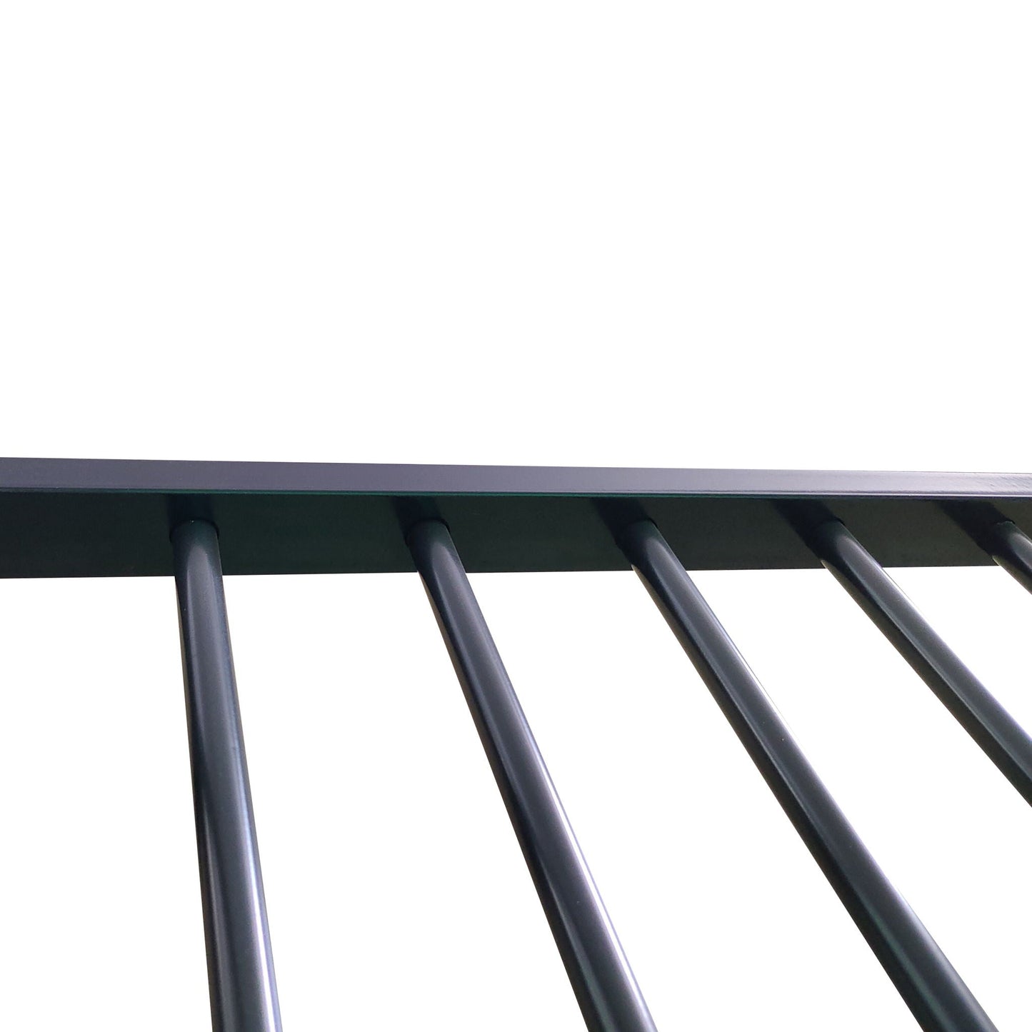 Triple bunk bed full-size frame in black metal with sturdy tubular supports on Tampa Home & Garden Store