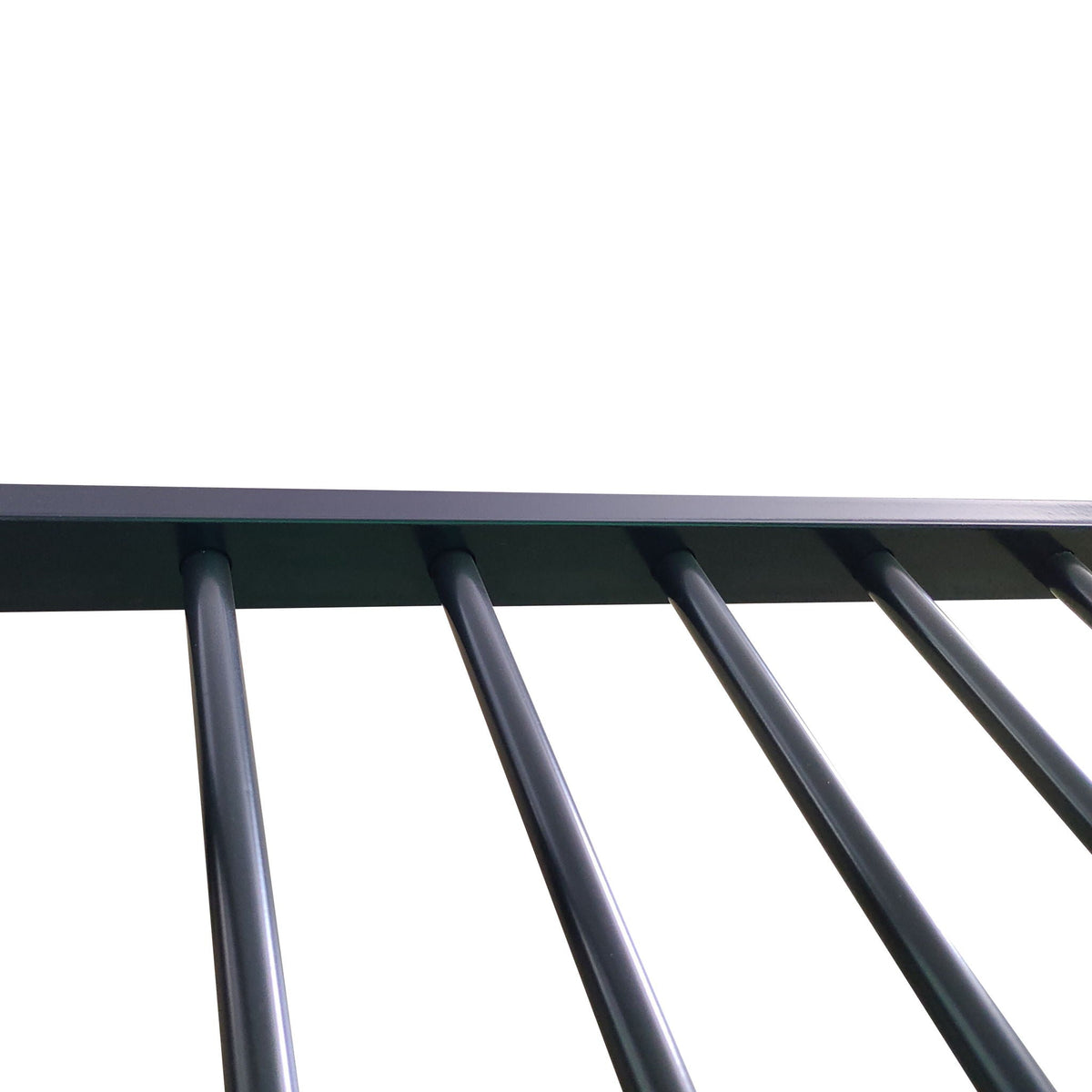 Triple bunk bed full-size frame in black metal with sturdy tubular supports on Tampa Home & Garden Store