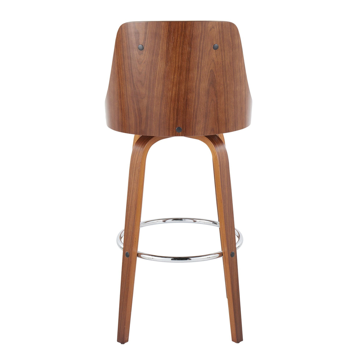 Mid-century modern swivel barstool with walnut veneer, rounded back panel and chrome footrest on Tampa Home & Garden Store