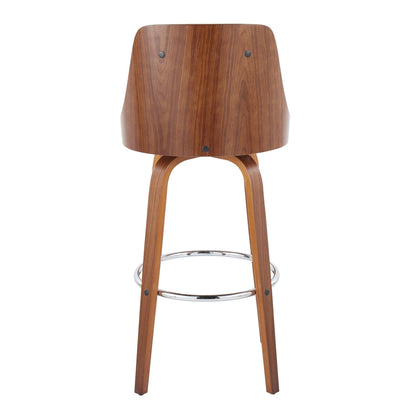 Mid-century modern swivel barstool with walnut veneer, rounded back panel and chrome footrest on Tampa Home & Garden Store