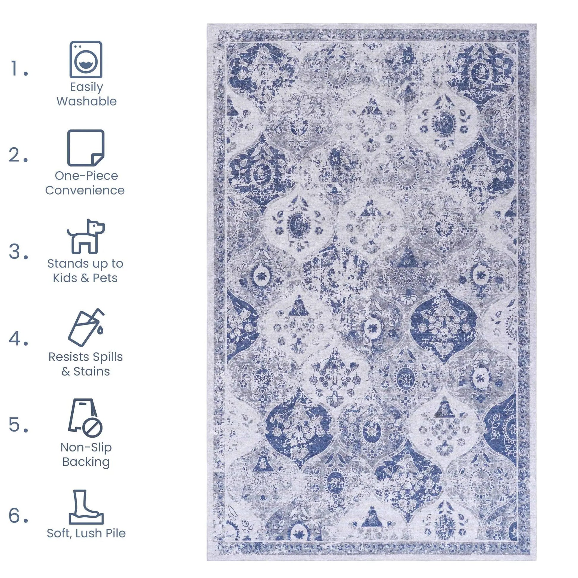 Maval Stunning Washable Area Rug by Unique Piece Furniture blue and white medallion pattern on Tampa Home & Garden Store