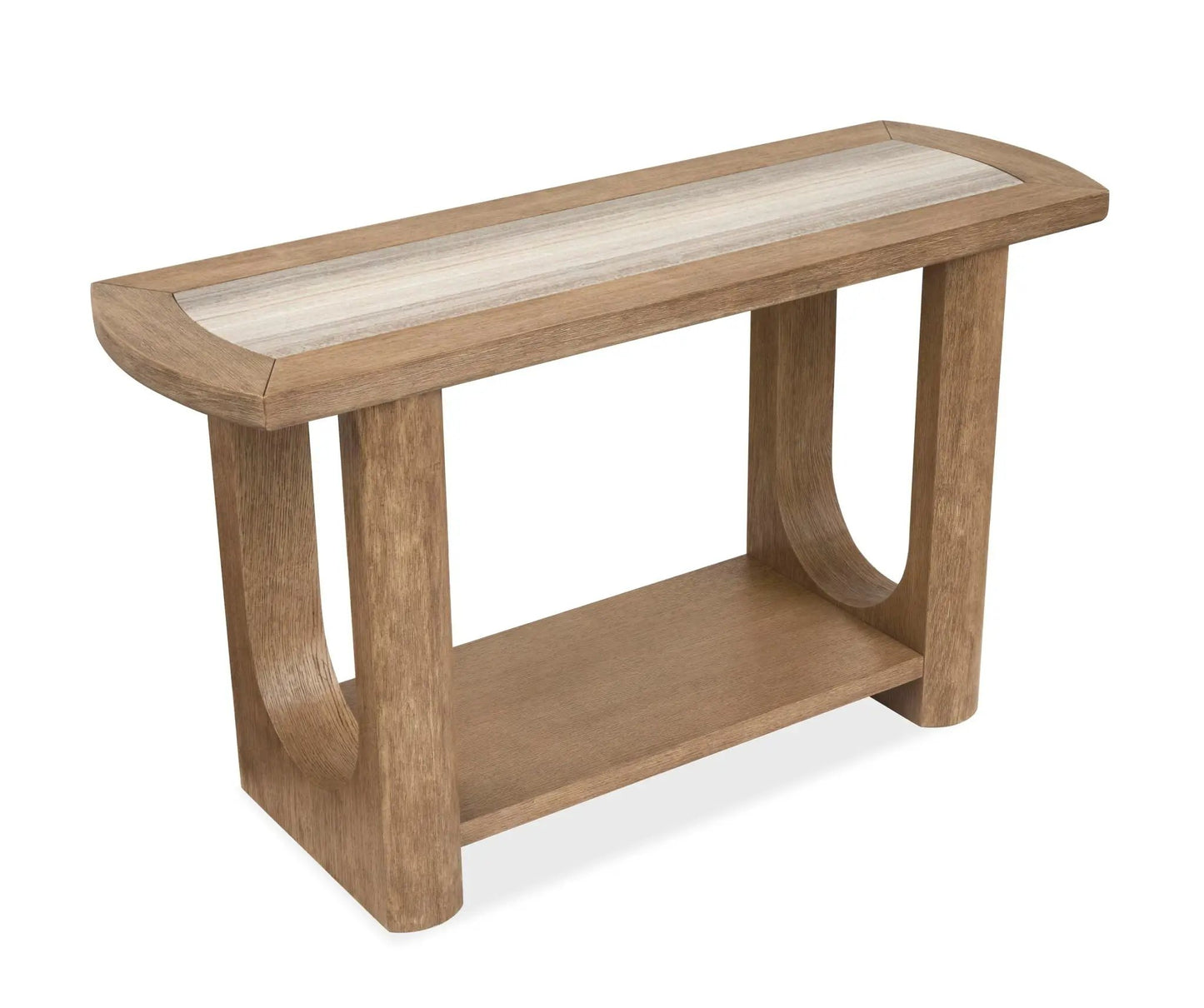 Bradford Rectangular End Table in two-tone oak with rounded ends and open lower shelf on Tampa Home & Garden Store