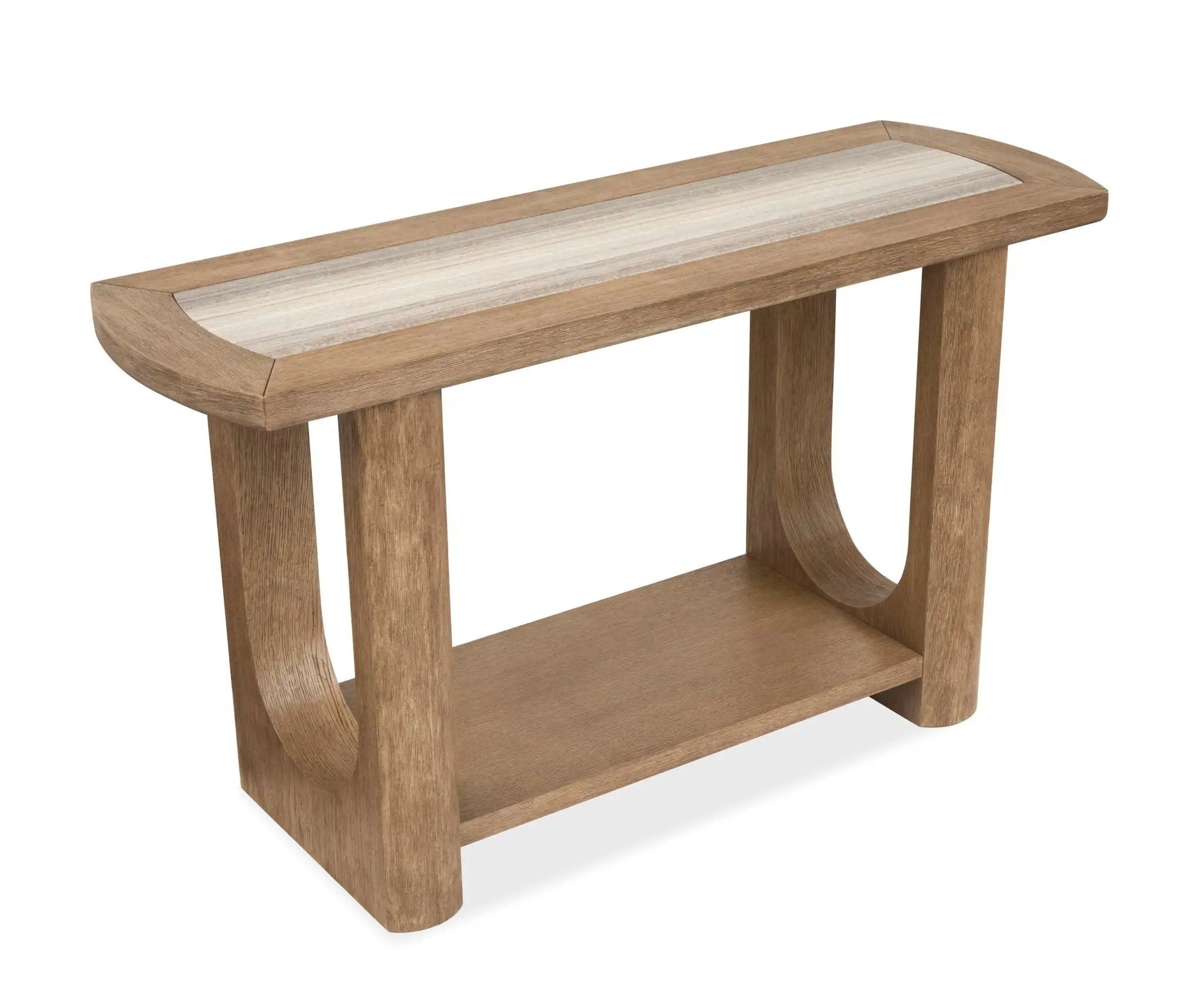 Bradford Rectangular End Table in two-tone oak with rounded ends and open lower shelf on Tampa Home & Garden Store